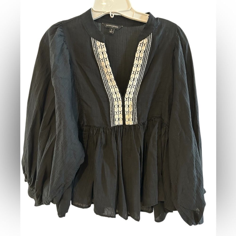 Banana Republic Black Boho Embroidered Long Balloon Sleeve 100% Cotton Blouse S